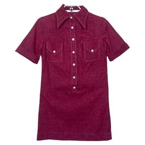Vintage 70s Mini Shirt Dress Burgundy Red Short Sleeve Mod Dagger Collar Women S